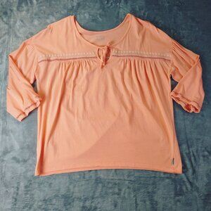 Eddie Bauer Womens XL Orange Peasant Top‎ 3/4 Sleeve Tie Neck Cotton Tencel Boho